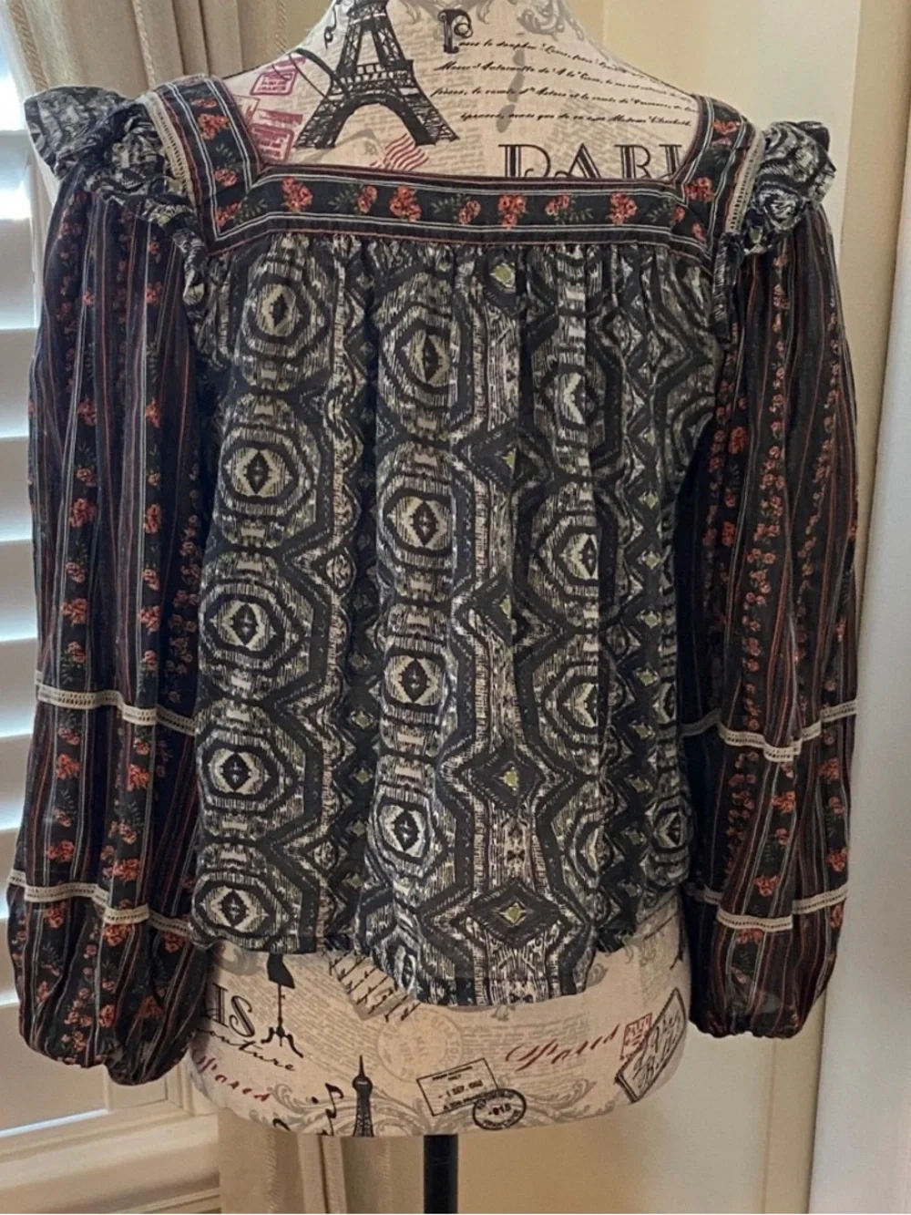 Free People XS Boho Peasant Top Mixed Print Square Neck Navy